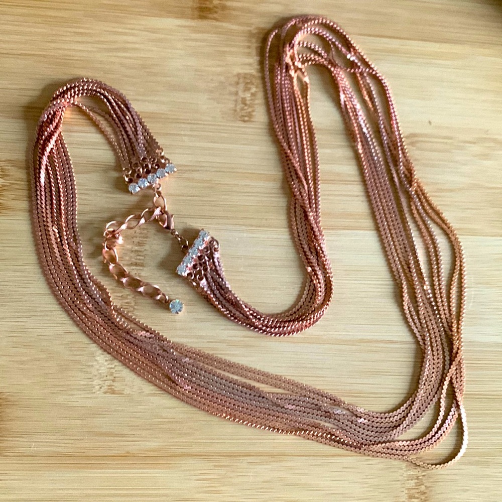 Long Rose Gold Toned Stranded Necklace with CZ New